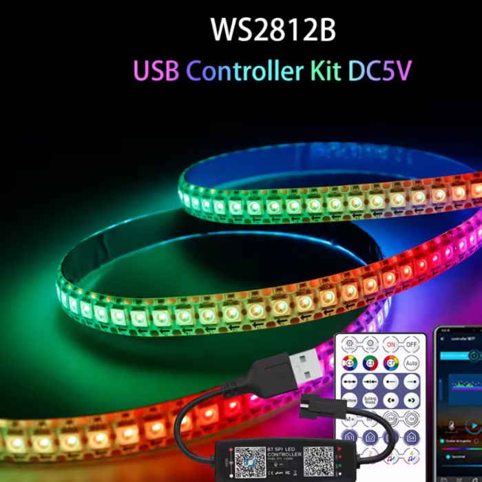 Fita LED RGB  WS2812B 5V - USB c/ controlo remoto e Bluetooth (1M)